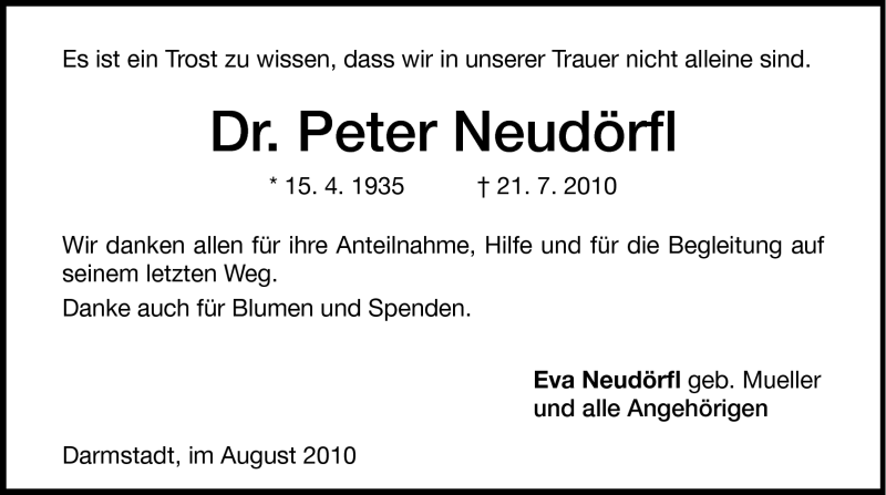  Traueranzeige für Peter Neudörfl vom 28.08.2010 aus Echo-Zeitungen (Gesamtausgabe)