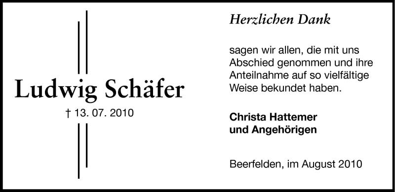  Traueranzeige für Ludwig Schäfer vom 21.08.2010 aus Odenwälder Echo