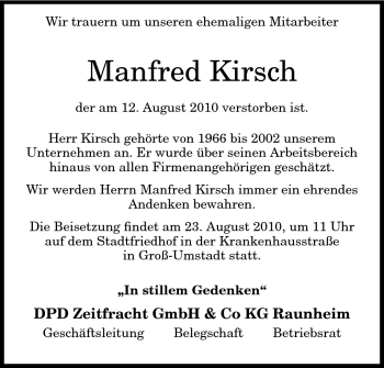 Traueranzeige von Manfred Kirsch von Echo-Zeitungen (Gesamtausgabe)
