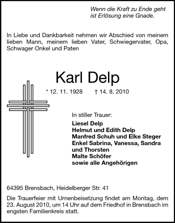 Traueranzeige von Karl Delp von Odenwälder Echo