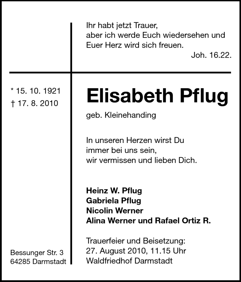  Traueranzeige für Elisabeth Pflug vom 21.08.2010 aus Darmstädter Echo, Odenwälder Echo, Rüsselsheimer Echo, Groß-Gerauer-Echo, Ried Echo