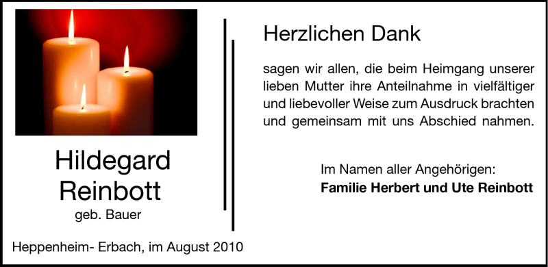  Traueranzeige für Hildegard Reinbott vom 21.08.2010 aus Starkenburger Echo