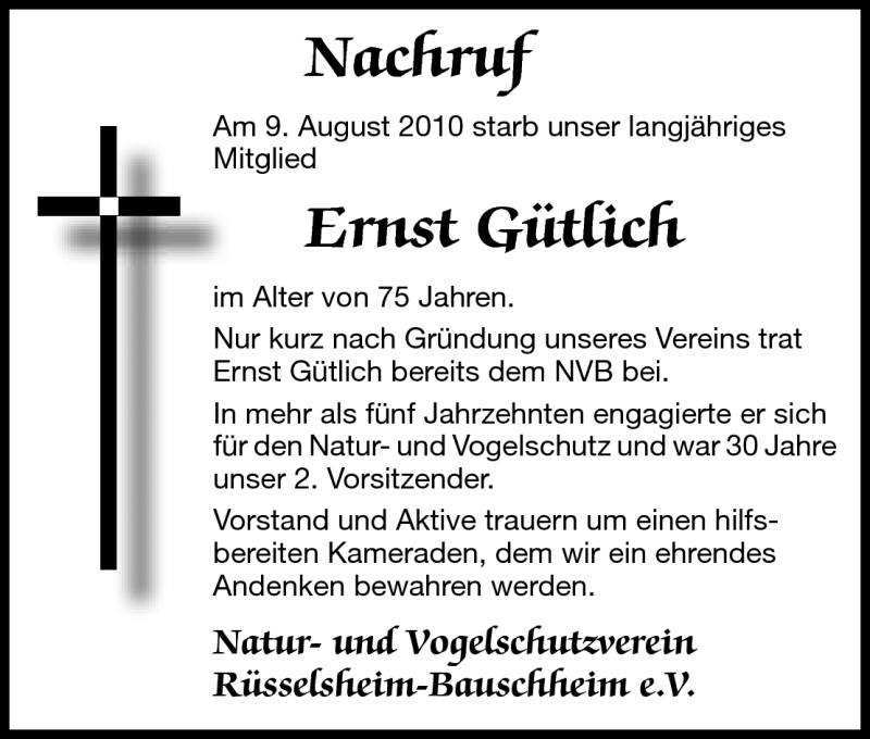  Traueranzeige für Ernst Gütlich vom 21.08.2010 aus Rüsselsheimer Echo, Groß-Gerauer-Echo, Ried Echo