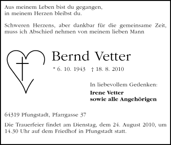 Traueranzeige von Bernd Vetter von Echo-Zeitungen (Gesamtausgabe)