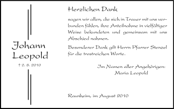 Traueranzeige von Johann Leopold von Rüsselsheimer Echo, Groß-Gerauer-Echo, Ried Echo
