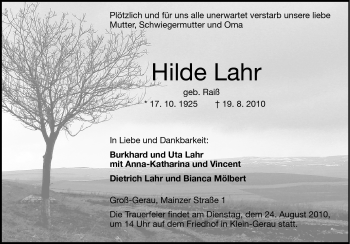 Traueranzeige von Hilde Lehr von Darmstädter Echo, Odenwälder Echo, Rüsselsheimer Echo, Groß-Gerauer-Echo, Ried Echo