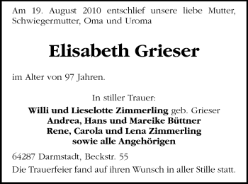 Traueranzeige von Elisabeth Grieser von Darmstädter Echo, Odenwälder Echo, Rüsselsheimer Echo, Groß-Gerauer-Echo, Ried Echo