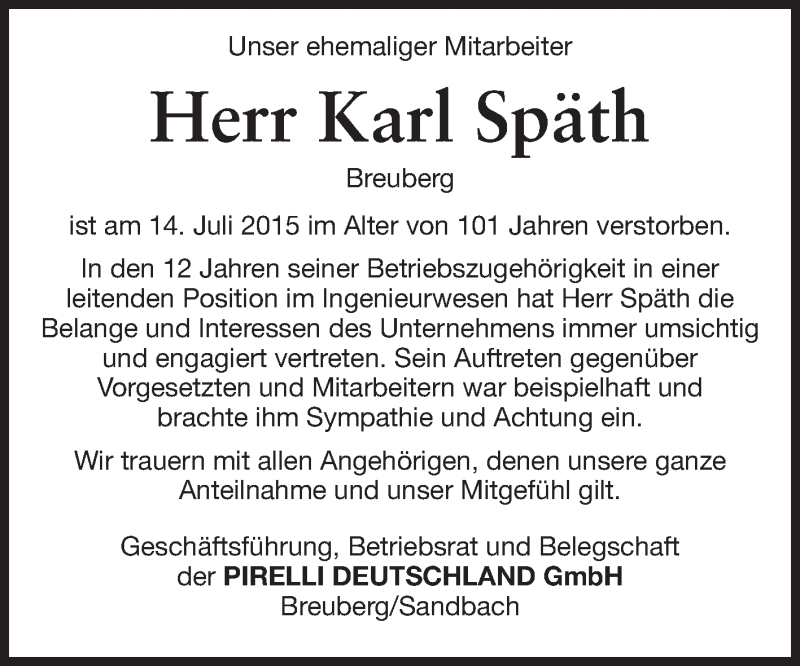  Traueranzeige für Karl Späth vom 20.07.2015 aus Odenwälder Echo