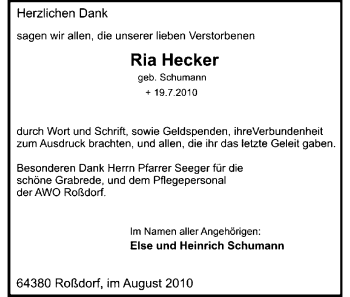 Traueranzeige von Ria hecker von Echo-Zeitungen (Gesamtausgabe)