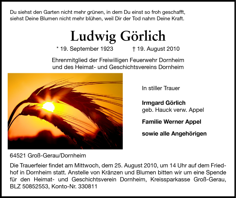  Traueranzeige für Ludwig Görlich vom 21.08.2010 aus Rüsselsheimer Echo, Groß-Gerauer-Echo, Ried Echo