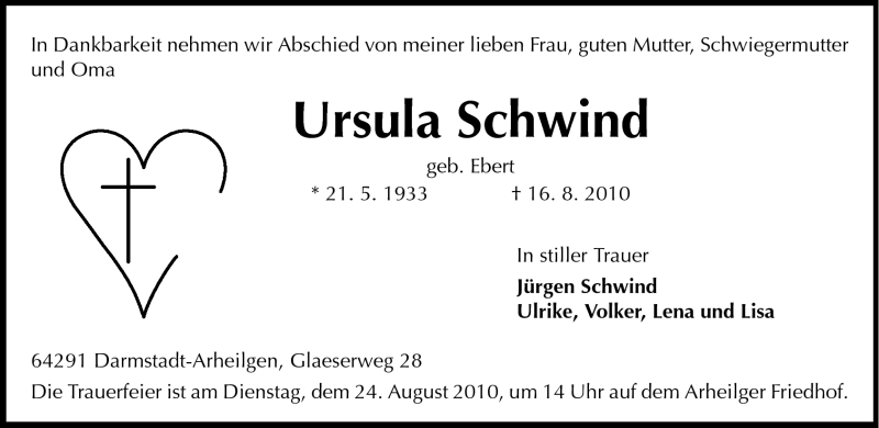  Traueranzeige für Ursula Schwind vom 21.08.2010 aus Echo-Zeitungen (Gesamtausgabe)