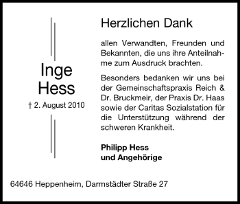 Traueranzeige von Inge Hess von Starkenburger Echo