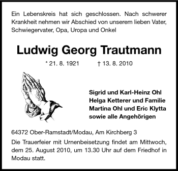 Traueranzeige von Ludwig Georg Trautmann von Darmstädter Echo, Odenwälder Echo, Rüsselsheimer Echo, Groß-Gerauer-Echo, Ried Echo