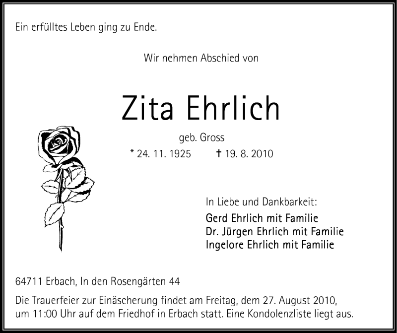  Traueranzeige für Zita Ehrlich vom 25.08.2010 aus Odenwälder Echo