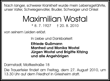 Traueranzeige von Maximillian Wastal von Echo-Zeitungen (Gesamtausgabe)