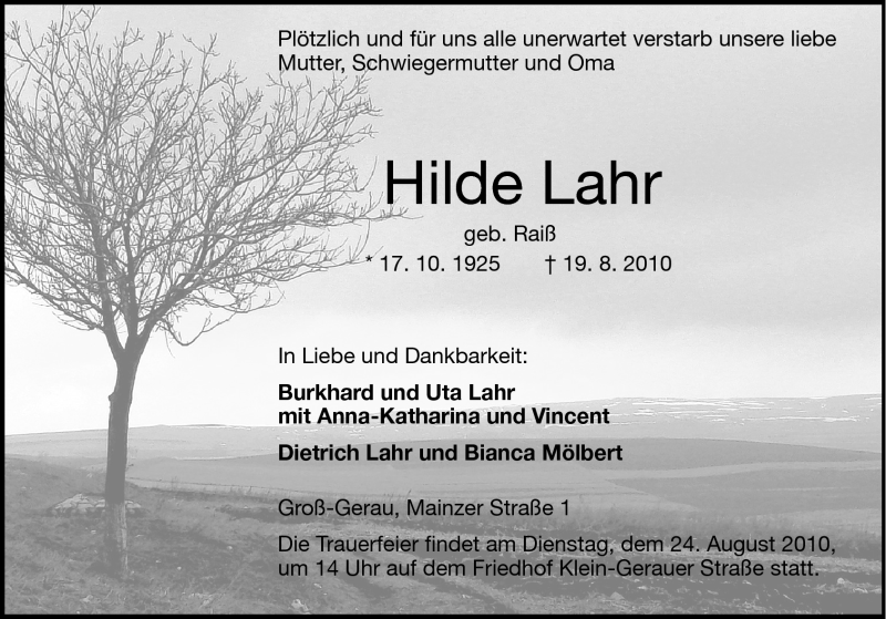  Traueranzeige für Hilde Lahr vom 23.08.2010 aus Darmstädter Echo, Odenwälder Echo, Rüsselsheimer Echo, Groß-Gerauer-Echo, Ried Echo