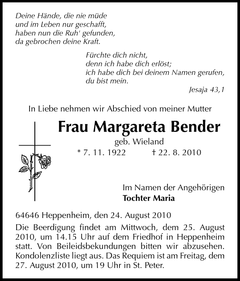  Traueranzeige für Margareta Bender vom 24.08.2010 aus Starkenburger Echo