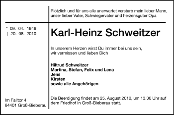 Traueranzeige von Karl-Heinz Schweitzer von Darmstädter Echo, Odenwälder Echo, Rüsselsheimer Echo, Groß-Gerauer-Echo, Ried Echo