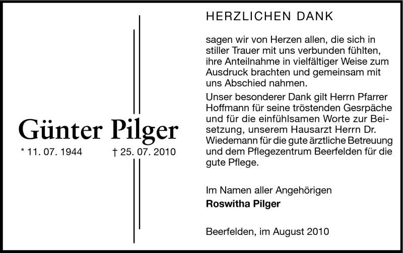  Traueranzeige für Günter Pilger vom 24.08.2010 aus Odenwälder Echo