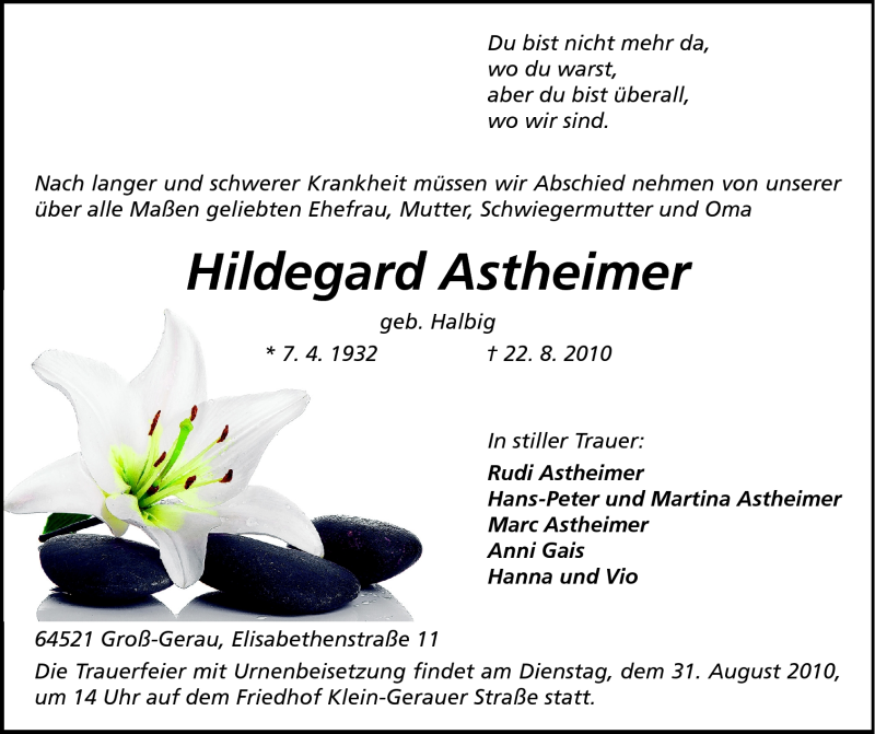  Traueranzeige für Hildegard Astheimer vom 25.08.2010 aus Rüsselsheimer Echo, Groß-Gerauer-Echo, Ried Echo