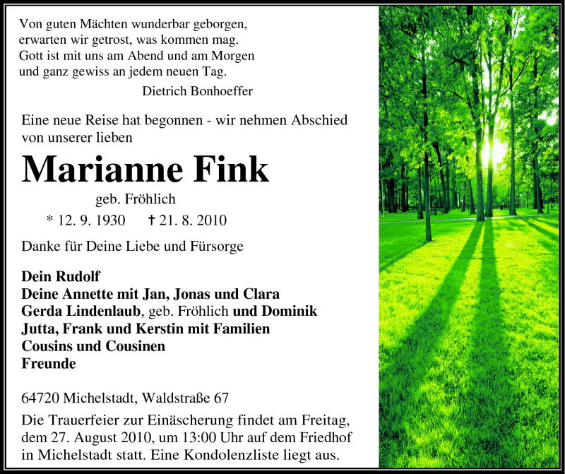  Traueranzeige für Marianne Fink vom 24.08.2010 aus Odenwälder Echo