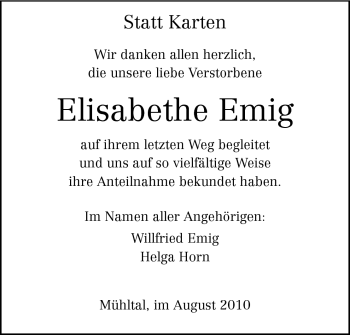 Traueranzeige von Elisabethe Emig von Darmstädter Echo, Odenwälder Echo, Rüsselsheimer Echo, Groß-Gerauer-Echo, Ried Echo