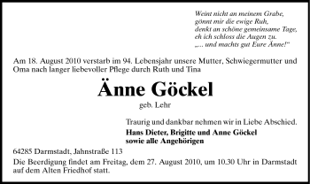Traueranzeige von Änne Göckel von Darmstädter Echo, Odenwälder Echo, Rüsselsheimer Echo, Groß-Gerauer-Echo, Ried Echo