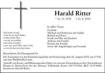 Traueranzeige von Harald Ritter von Rüsselsheimer Echo, Groß-Gerauer-Echo, Ried Echo