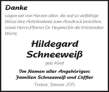 Traueranzeige von Hildegard Schneeweiß von Rüsselsheimer Echo, Groß-Gerauer-Echo, Ried Echo
