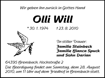 Traueranzeige von Olli Will von Odenwälder Echo