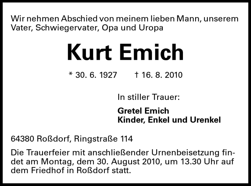  Traueranzeige für Kurt Emich vom 27.08.2010 aus Echo-Zeitungen (Gesamtausgabe)