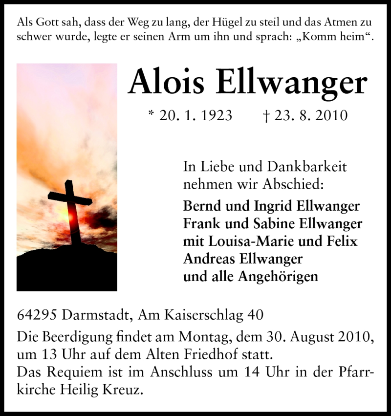  Traueranzeige für Alois Ellwanger vom 26.08.2010 aus Echo-Zeitungen (Gesamtausgabe)