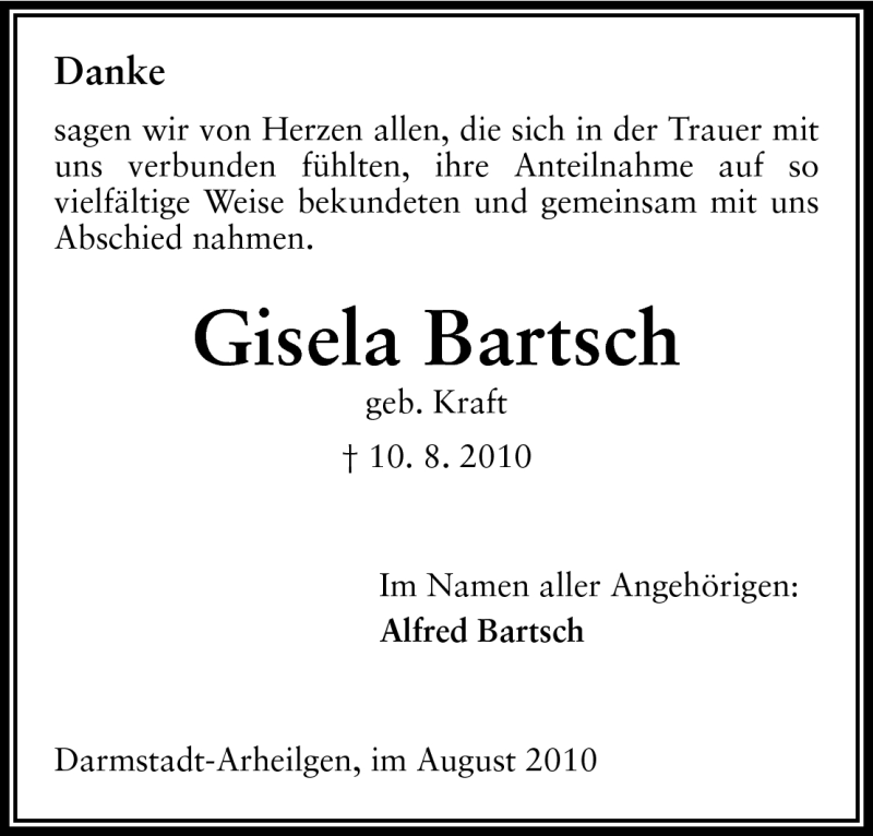  Traueranzeige für Gisela Bartsch vom 28.08.2010 aus Darmstädter Echo, Odenwälder Echo, Rüsselsheimer Echo, Groß-Gerauer-Echo, Ried Echo