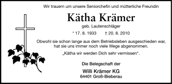Traueranzeige von Kätha Krämer von Darmstädter Echo, Odenwälder Echo, Rüsselsheimer Echo, Groß-Gerauer-Echo, Ried Echo