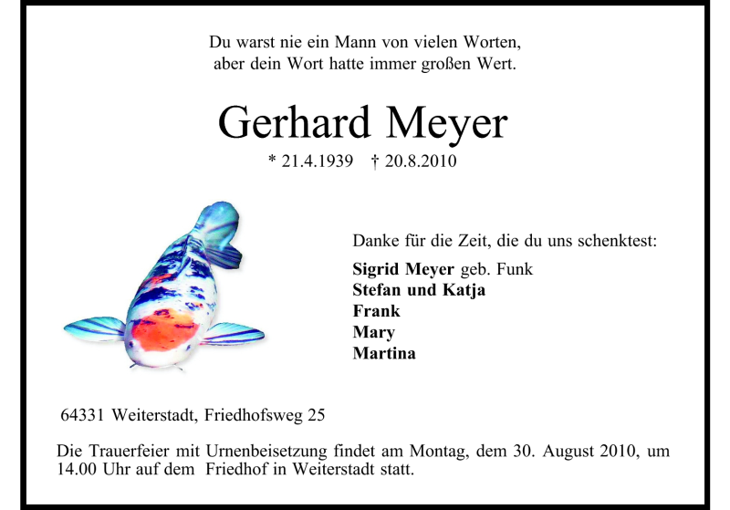  Traueranzeige für Gerhard Meyer vom 25.08.2010 aus Echo-Zeitungen (Gesamtausgabe)
