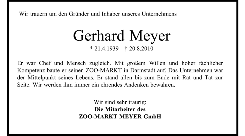  Traueranzeige für Gerhard Meyer vom 25.08.2010 aus Echo-Zeitungen (Gesamtausgabe)