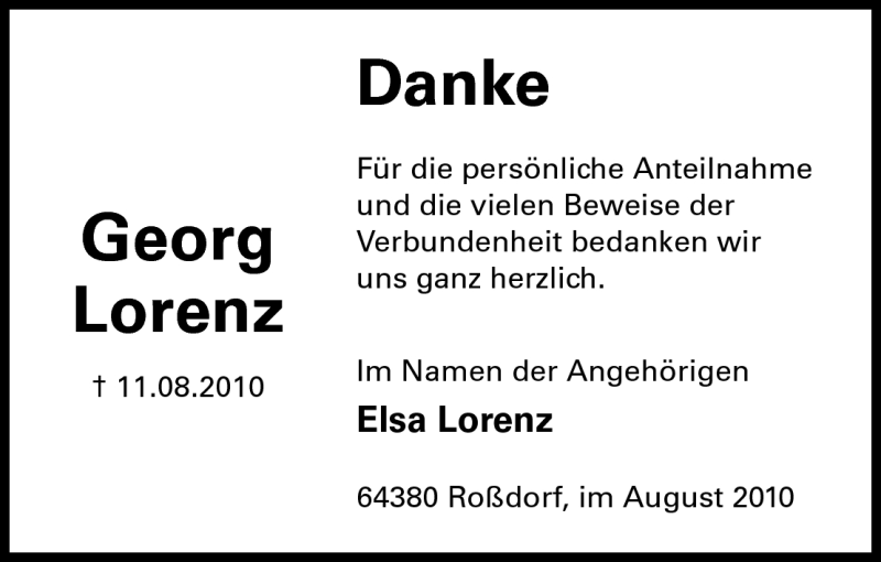  Traueranzeige für Georg Lorenz vom 28.08.2010 aus Echo-Zeitungen (Gesamtausgabe)