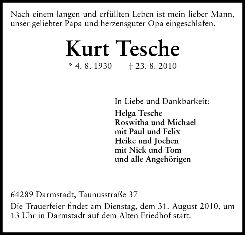  Traueranzeige für Helga Tesche vom 28.08.2010 aus Echo-Zeitungen (Gesamtausgabe)