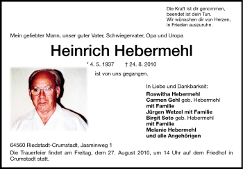 Traueranzeige von Heinrich Hebermehl von Rüsselsheimer Echo, Groß-Gerauer-Echo, Ried Echo