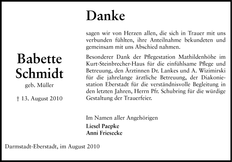  Traueranzeige für Babette Schmidt vom 28.08.2010 aus Echo-Zeitungen (Gesamtausgabe)