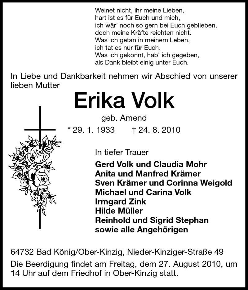  Traueranzeige für Erika Volk vom 26.08.2010 aus Odenwälder Echo