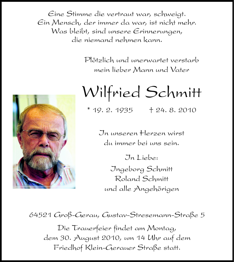  Traueranzeige für Wilfried Schmitt vom 26.08.2010 aus Rüsselsheimer Echo, Groß-Gerauer-Echo, Ried Echo