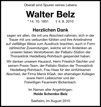 Traueranzeige von Walter Belz von Echo-Zeitungen (Gesamtausgabe)