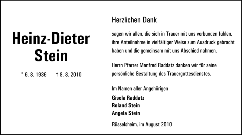  Traueranzeige für Heinz-Dieter Stein vom 28.08.2010 aus Darmstädter Echo, Odenwälder Echo, Rüsselsheimer Echo, Groß-Gerauer-Echo, Ried Echo