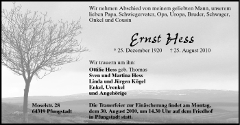 Traueranzeige von Ernst Hess von Echo-Zeitungen (Gesamtausgabe)