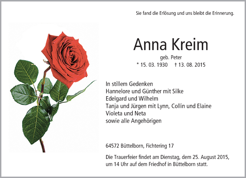  Traueranzeige für Anna Kreim vom 22.08.2015 aus trauer.echo-online.de
