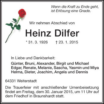 Traueranzeige von Heinz Dilfer von Echo-Zeitungen (Gesamtausgabe)