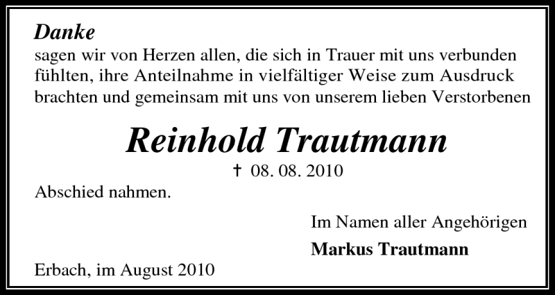  Traueranzeige für Reinhold Trautmann vom 28.08.2010 aus Odenwälder Echo
