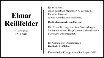 Traueranzeige von Elmar Reißfelder von Rüsselsheimer Echo, Groß-Gerauer-Echo, Ried Echo