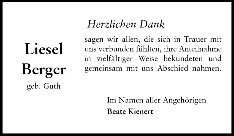  Traueranzeige für Eva Elise (Liesel) Berger vom 28.08.2010 aus Echo-Zeitungen (Gesamtausgabe)